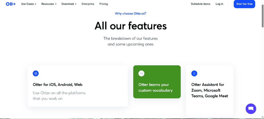 Otter.ai features page listing transcription and meeting assistant capabilities