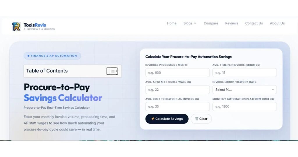 P2P Savings Calculator tool interface for estimating procurement automation ROI