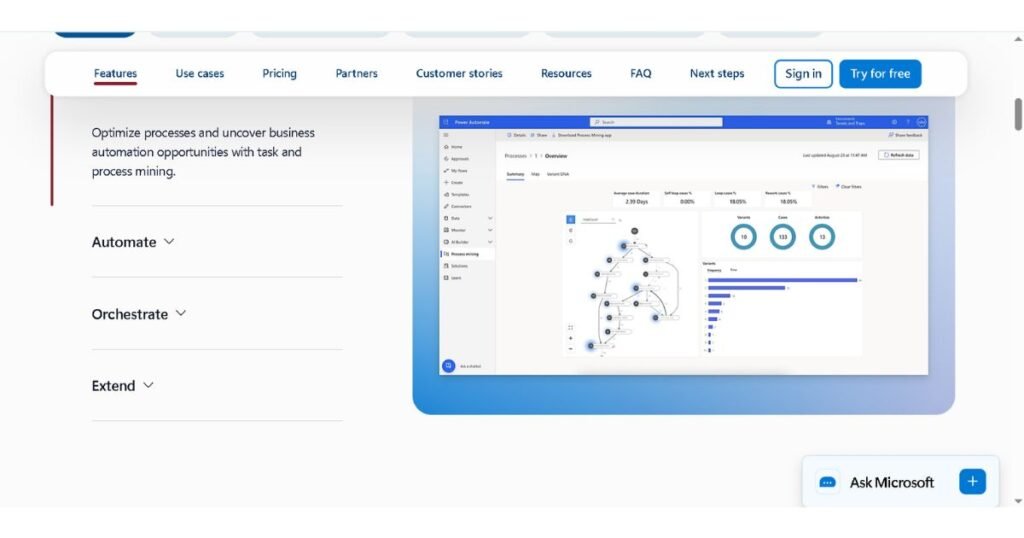 Microsoft Power Automate process mining dashboard showing workflow variants and case data