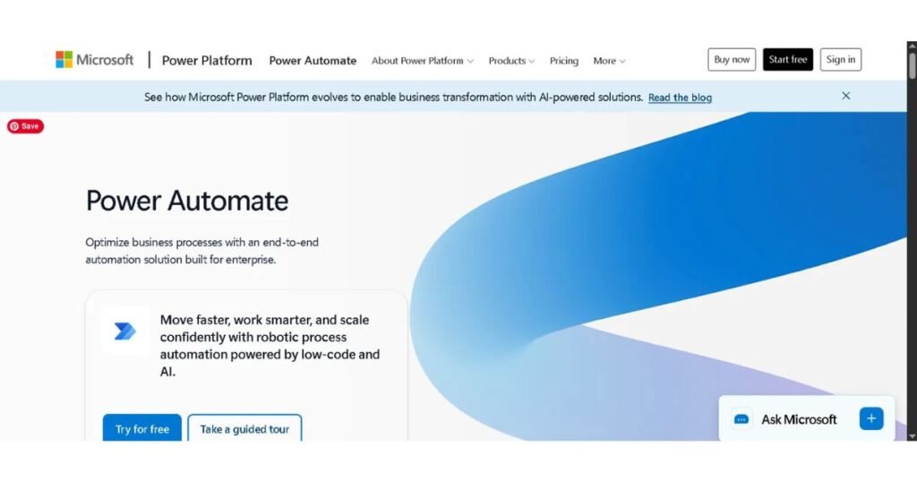 Microsoft Power Automate interface showing workflow automation for manufacturing