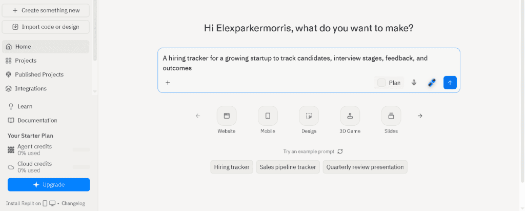 Replit Agent prompt screen for building an app from a text description