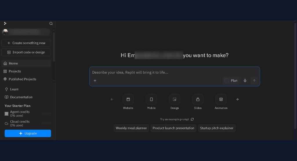 Screenshot of Replit's home screen showing the "what do you want to make" prompt box for Agent 3