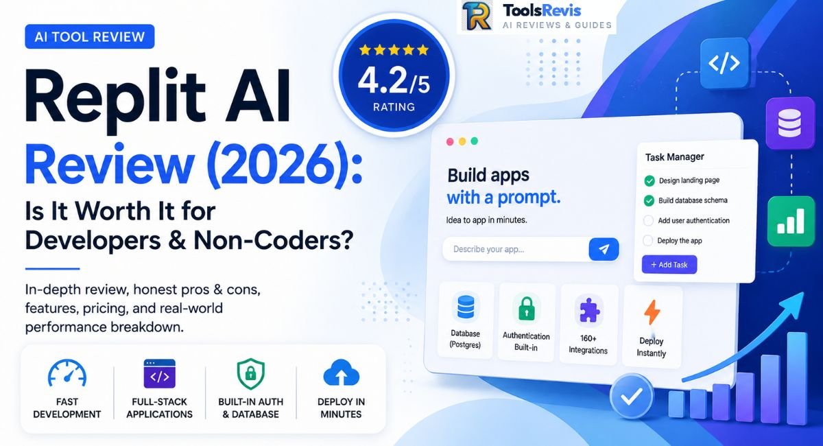 Replit AI Review 2026 showing AI-powered full-stack app development, code generation, deployment workflow, and cloud-based coding environment for developers.