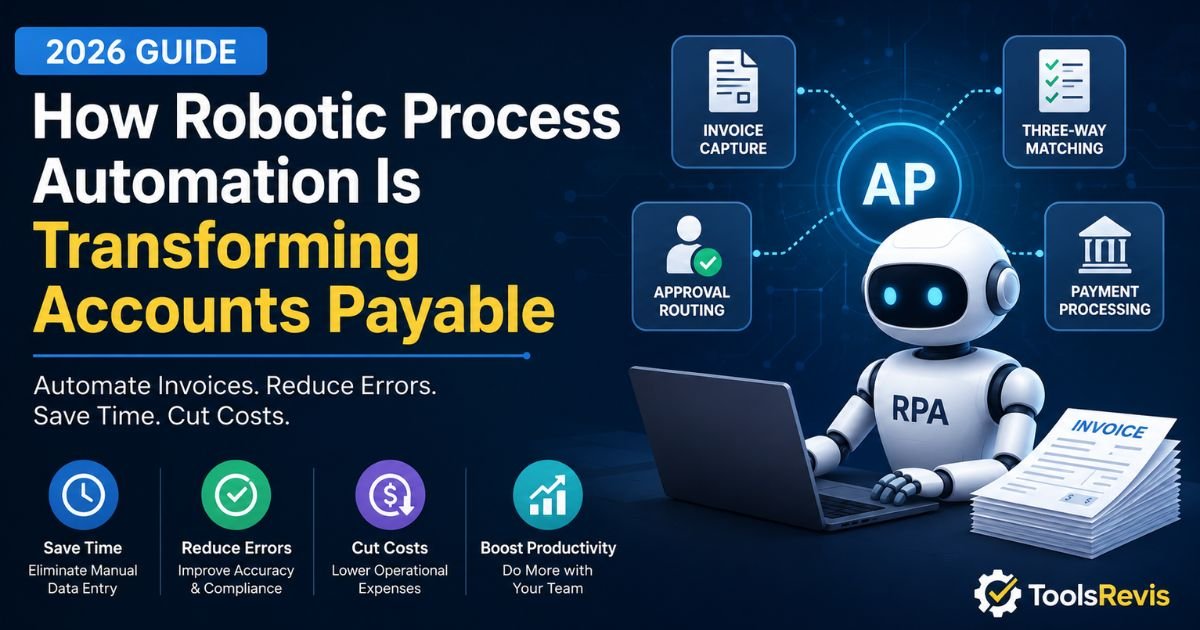 Robotic Process Automation accounts payable with AI-powered invoice processing, three-way matching, approval automation, and payment workflows in 2026.