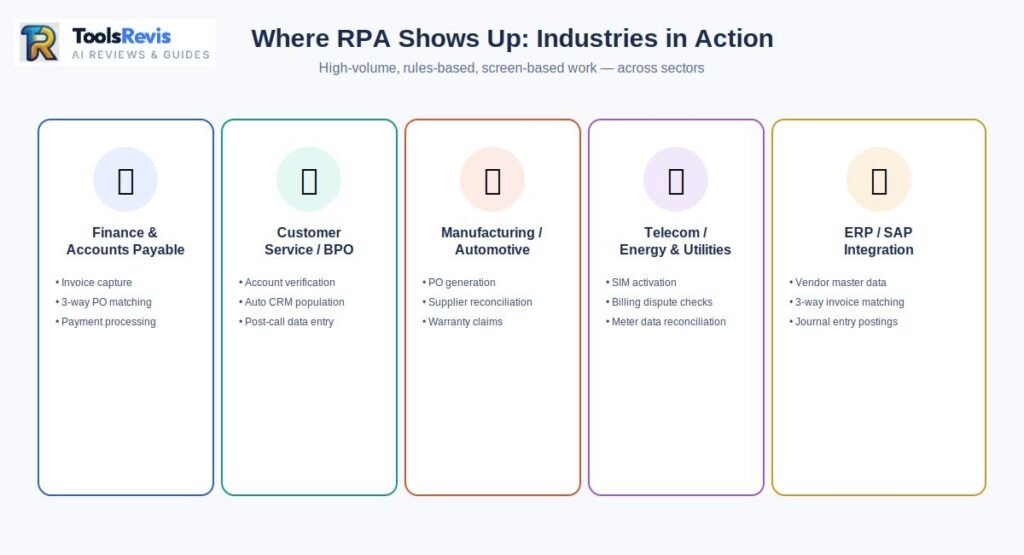 Five industry icons showing RPA use cases across Finance, Customer Service, Manufacturing, Telecom, and ERP/SAP integration.