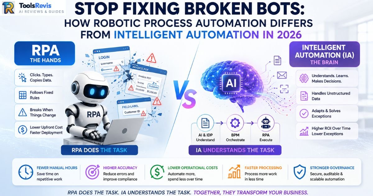 RPA vs Intelligent Automation comparison showing rule-based software bots, AI decision-making, enterprise automation, and intelligent process automation architecture in 2026.