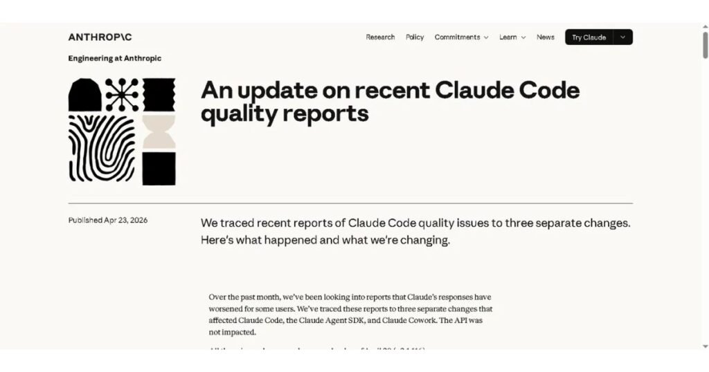 Screenshot of Anthropic's engineering blog post "An update on recent Claude Code quality reports," published April 23, 2026