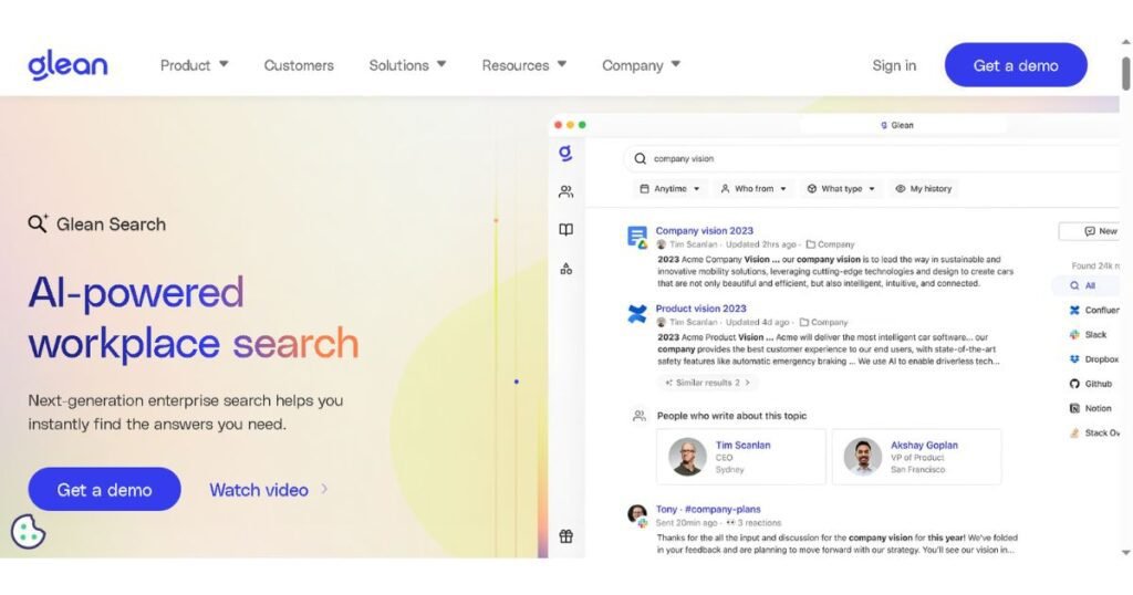 Glean enterprise search dashboard showing AI-powered semantic search results across company apps