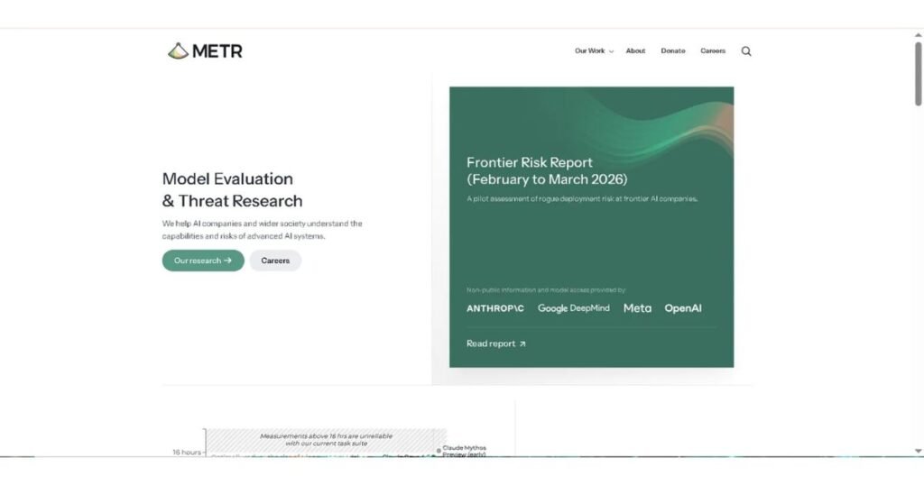 Screenshot of METR's homepage showing their Model Evaluation and Threat Research work