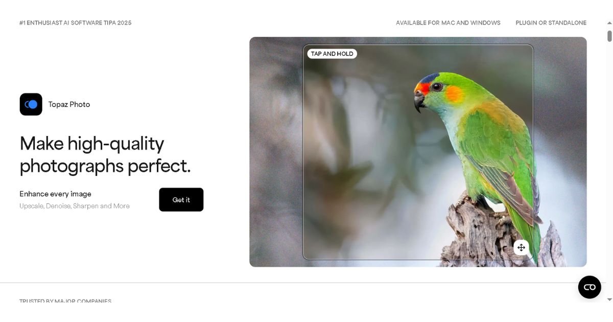 Topaz Photo AI homepage showing image enhancement and upscaling interface