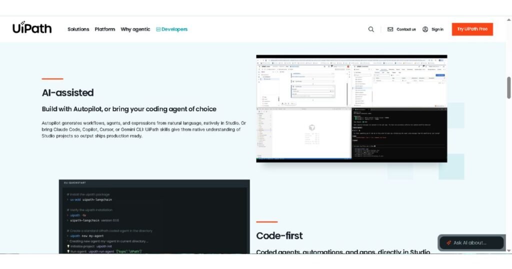 UiPath Studio interface with AI-assisted Autopilot generating an automation workflow