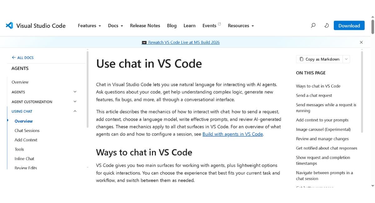 VS Code documentation page for using chat and agents