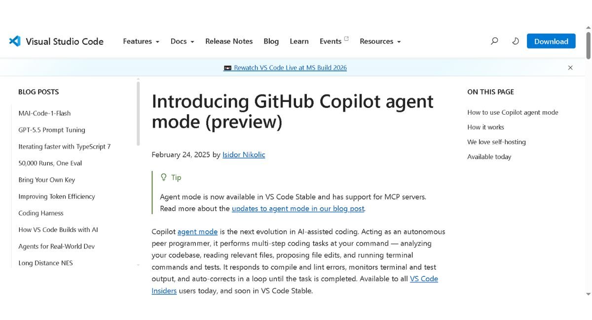 VS Code blog post introducing GitHub Copilot agent mode preview