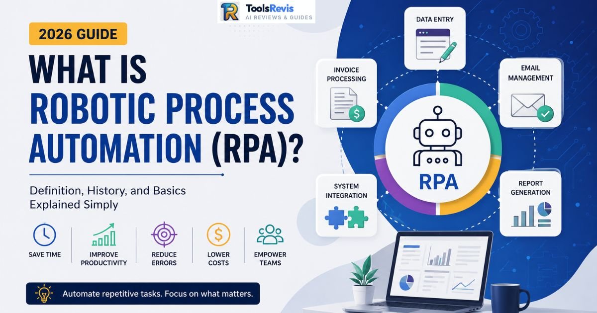 What is Robotic Process Automation (RPA)? Illustration showing software bots automating digital business tasks, ERP workflows, invoice processing, and enterprise automation in 2026.