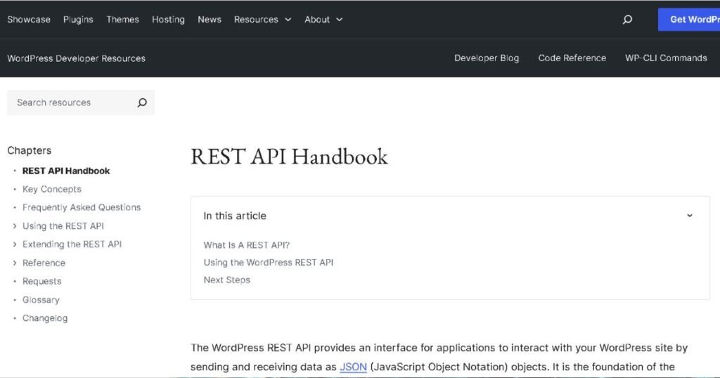 WordPress REST API developer documentation homepage
