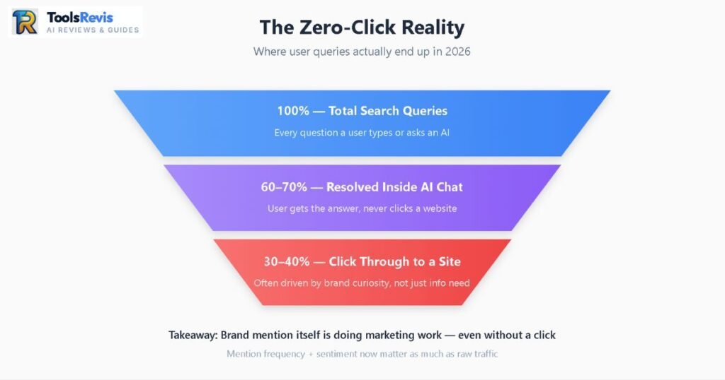 Funnel diagram showing zero-click search behavior: percentage of queries resolved inside AI chat versus click-through to a website