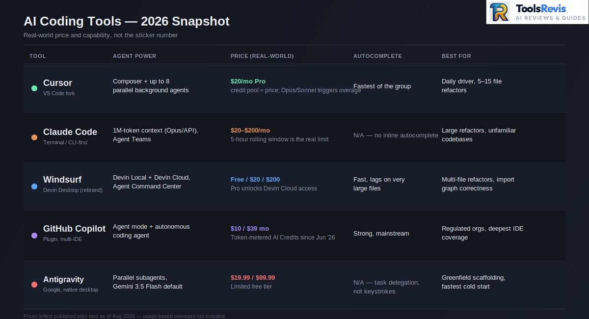 AI coding tools 2026 comparison table showing Cursor, Claude Code, Windsurf, GitHub Copilot, and Google Antigravity ranked by agent power, real-world price, autocomplete speed, and best use case