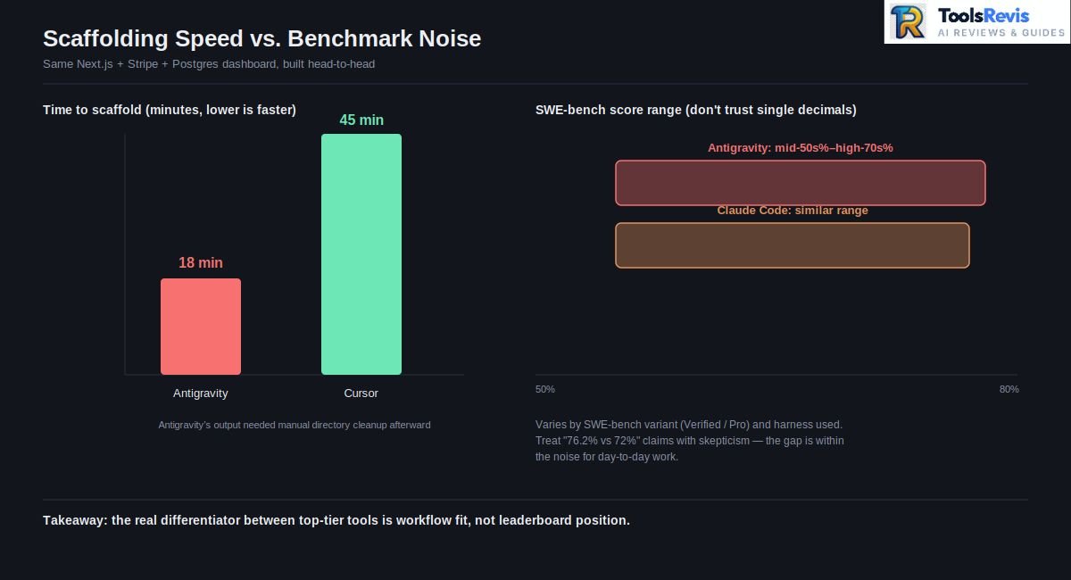 Bar chart comparing Google Antigravity 18-minute vs Cursor 45-minute scaffolding time, next to a shaded SWE-bench score range chart showing Antigravity and Claude Code overlapping between mid-50s and high-70s percent