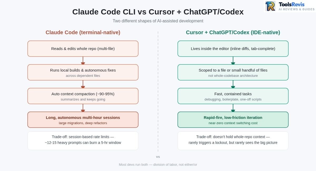 Flowchart comparing Claude Code's terminal-native whole-repo workflow with automatic context compaction against Cursor plus ChatGPT's IDE-embedded fast iteration workflow