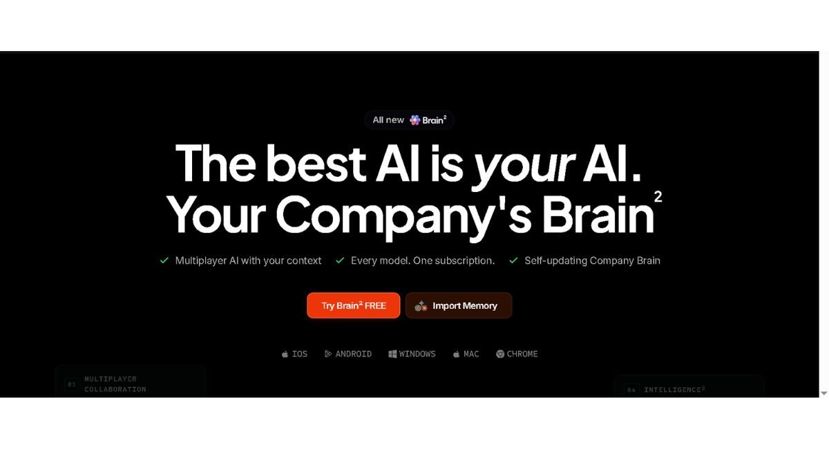 ClickUp Brain 2 homepage showing multiplayer AI, every model in one subscription, and self-updating company brain