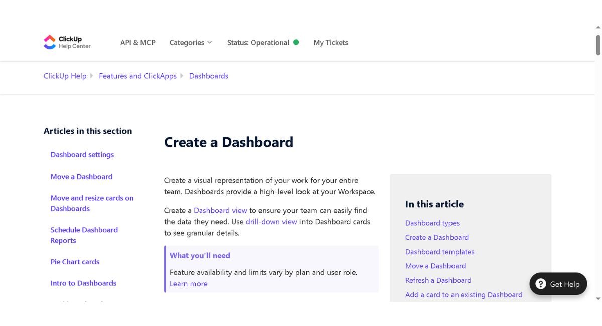 ClickUp Help Center article showing how to create a Dashboard for team-wide visual reporting