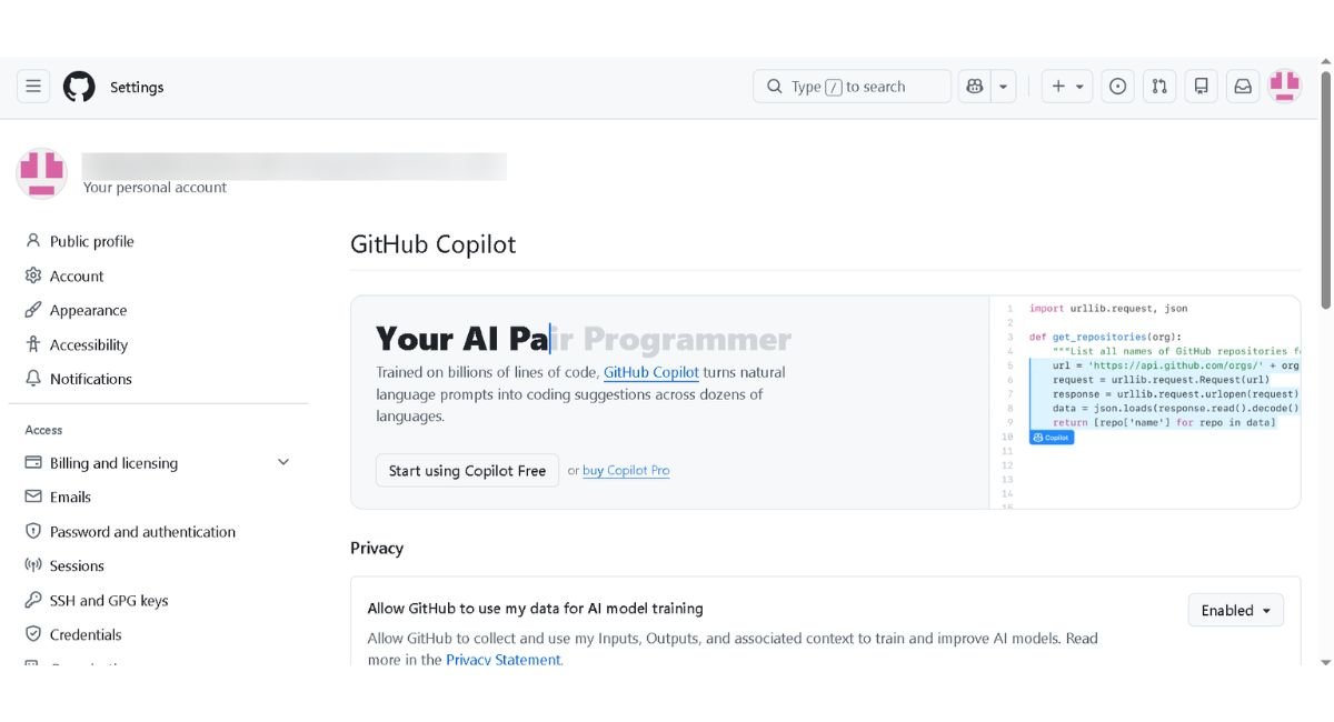 GitHub Copilot settings page showing Free vs Pro plan options