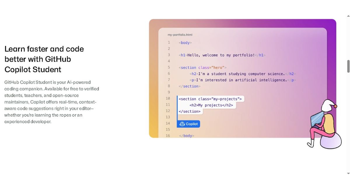 GitHub Copilot Student landing page hero section