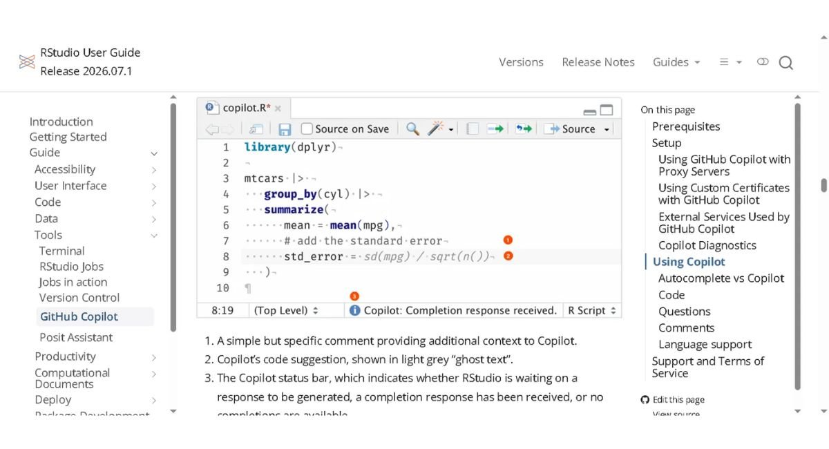 RStudio GitHub Copilot Ghost Text Integration