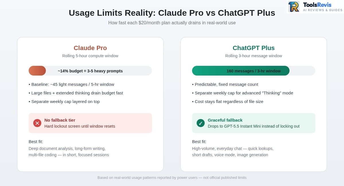 Comparison diagram showing Claude Pro's rolling 5-hour compute window locking out users after 3-5 prompts versus ChatGPT Plus's 160 messages per 3-hour window with fallback model