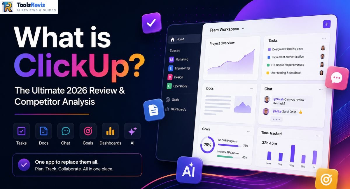 What is ClickUp — 2026 review and competitor analysis featured image showing an all-in-one workspace overview