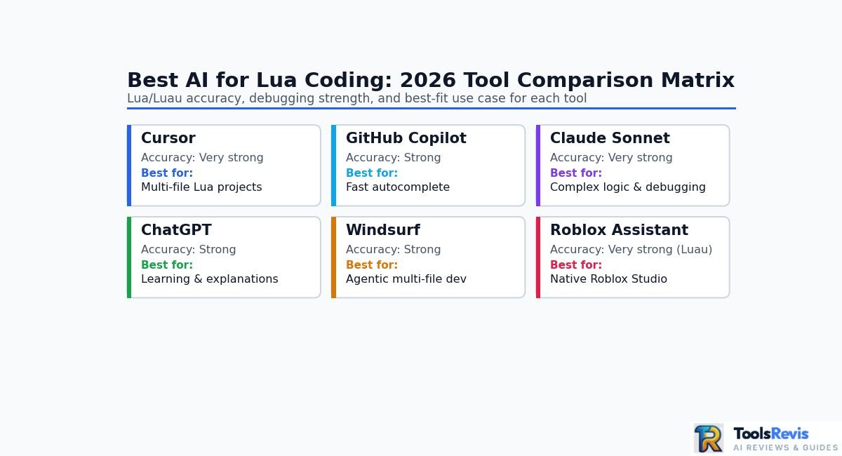 Best AI for Lua Coding 2026 comparison chart of Cursor, Copilot, Claude, ChatGPT