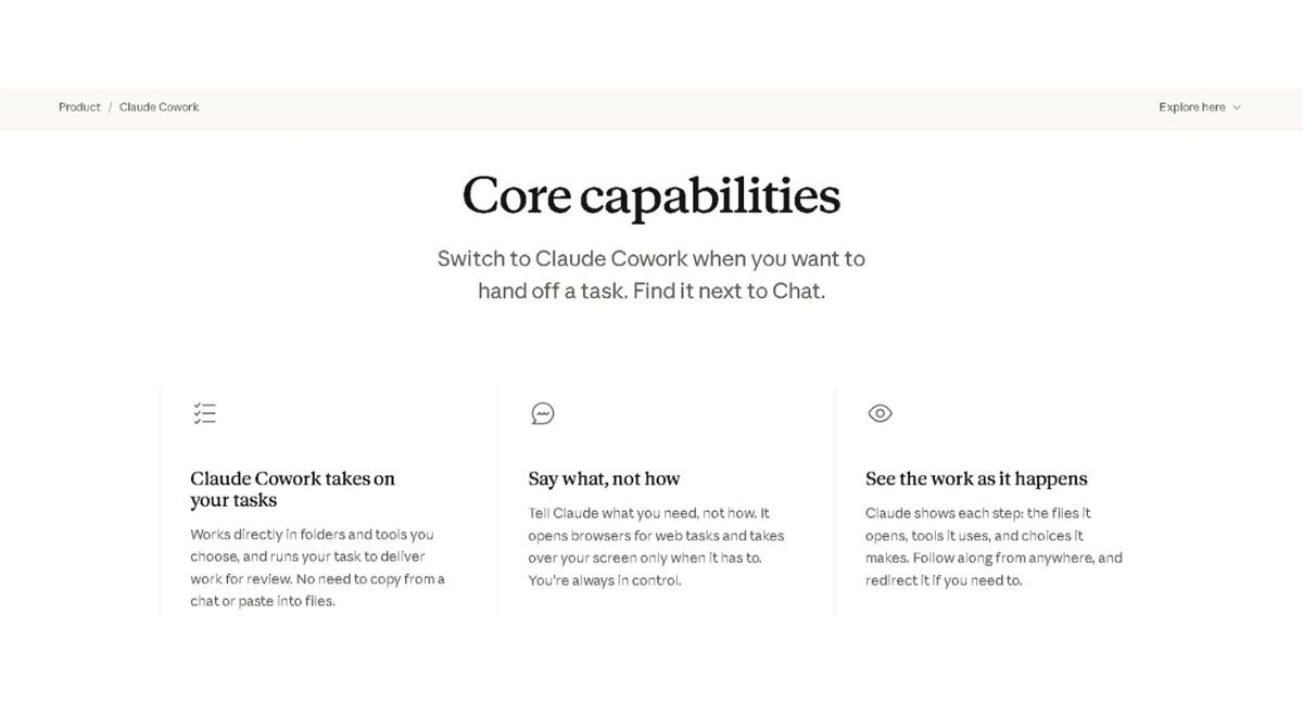 Claude Cowork core capabilities — task delegation, natural language instructions, and step-by-step visibility
