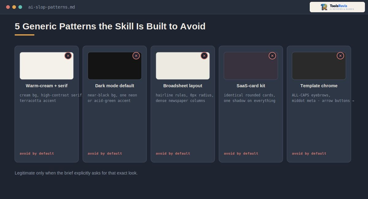 Claude Frontend Design Skill anti AI slop patterns chart showing 5 generic design clichés