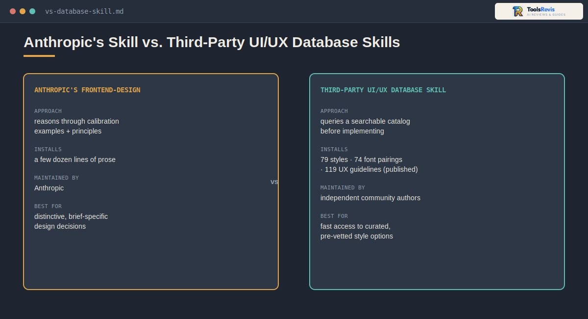Claude Frontend Design Skill vs third party UI UX database skill comparison