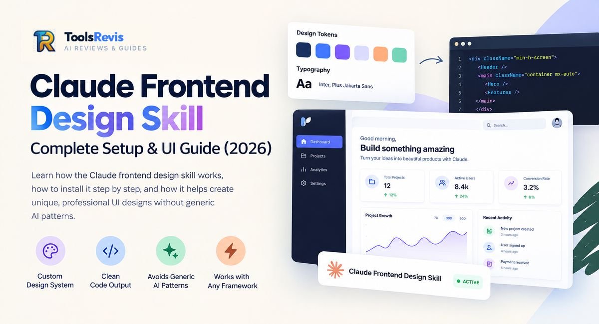 Claude frontend design skill setup guide showing design tokens, typography, and UI code output