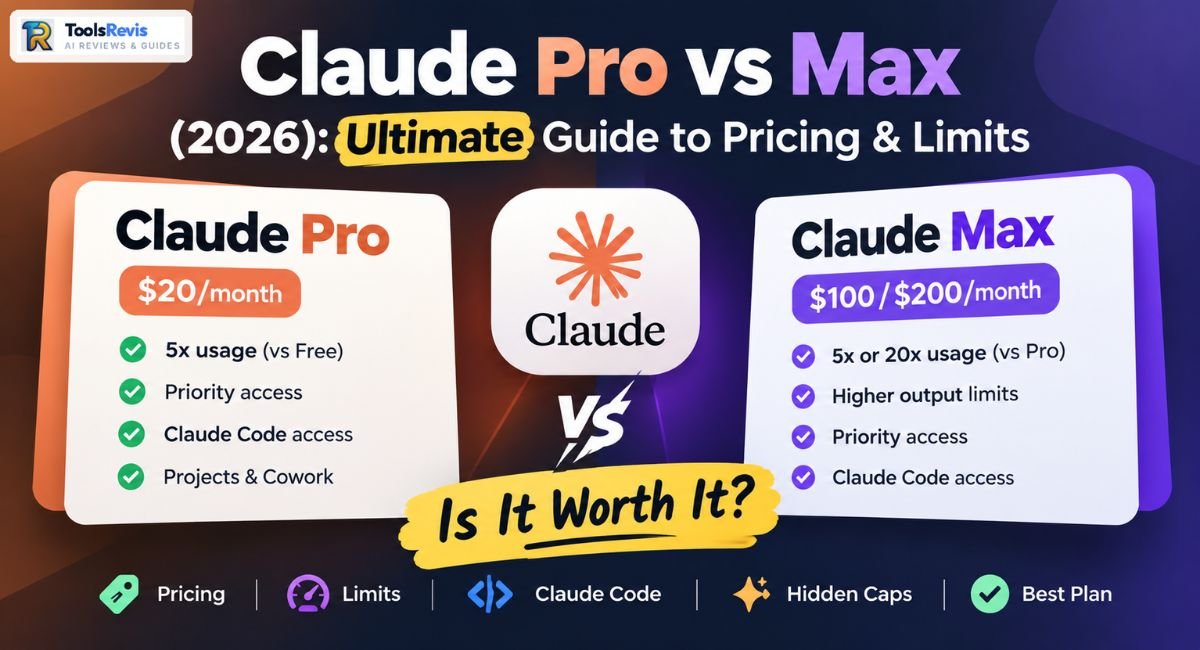 Claude Pro vs Max 2026 comparison graphic showing Pro at $20/month with 5x usage and Max at $100/$200/month with 5x or 20x usage, priority access, and Claude Code access