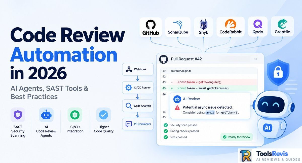 Code Review Automation in 2026 — AI agents, SAST tools like SonarQube and Snyk, and GitHub pull request workflow with AI review