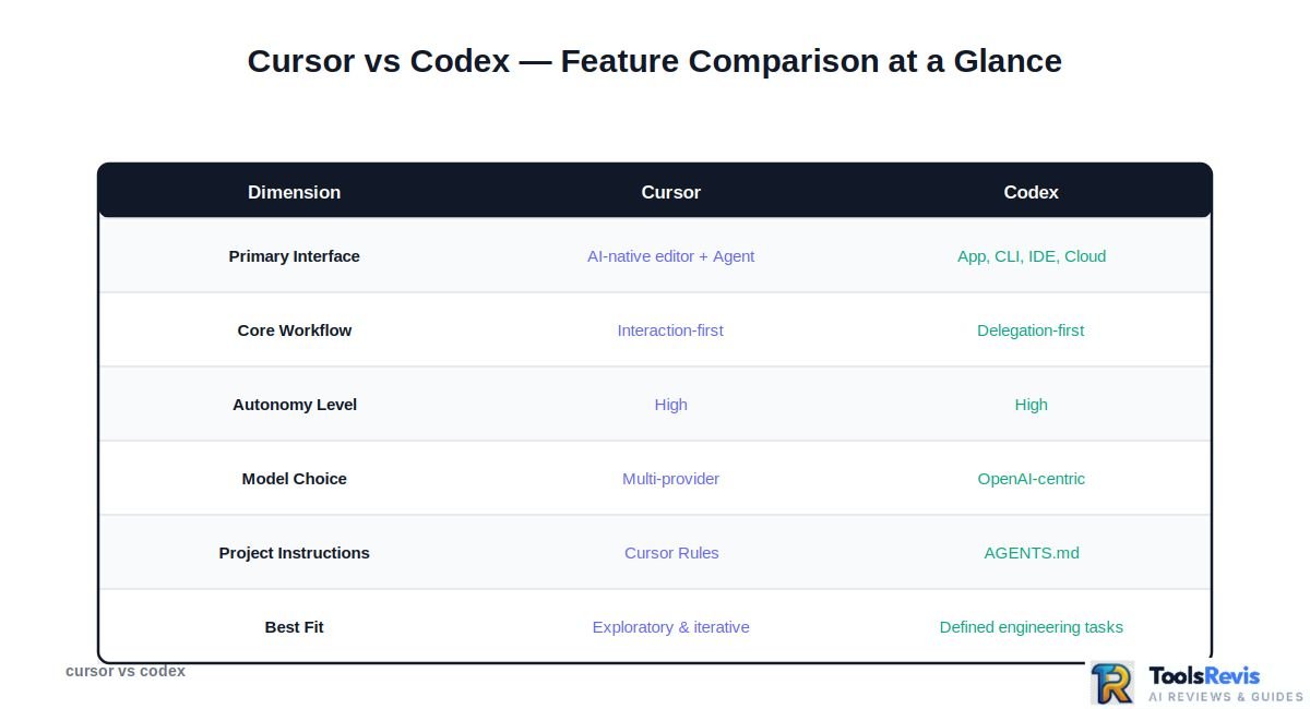 Cursor vs Codex — full feature comparison chart 2026