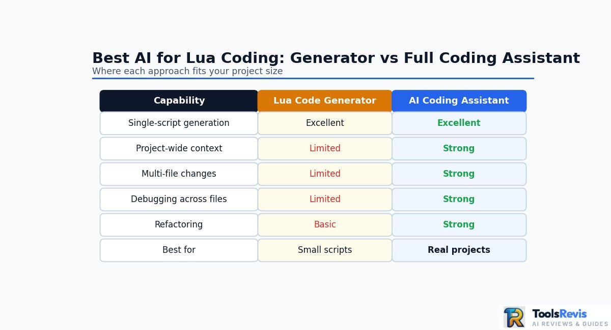 Best AI for Lua Coding comparison of code generator vs full AI coding assistant