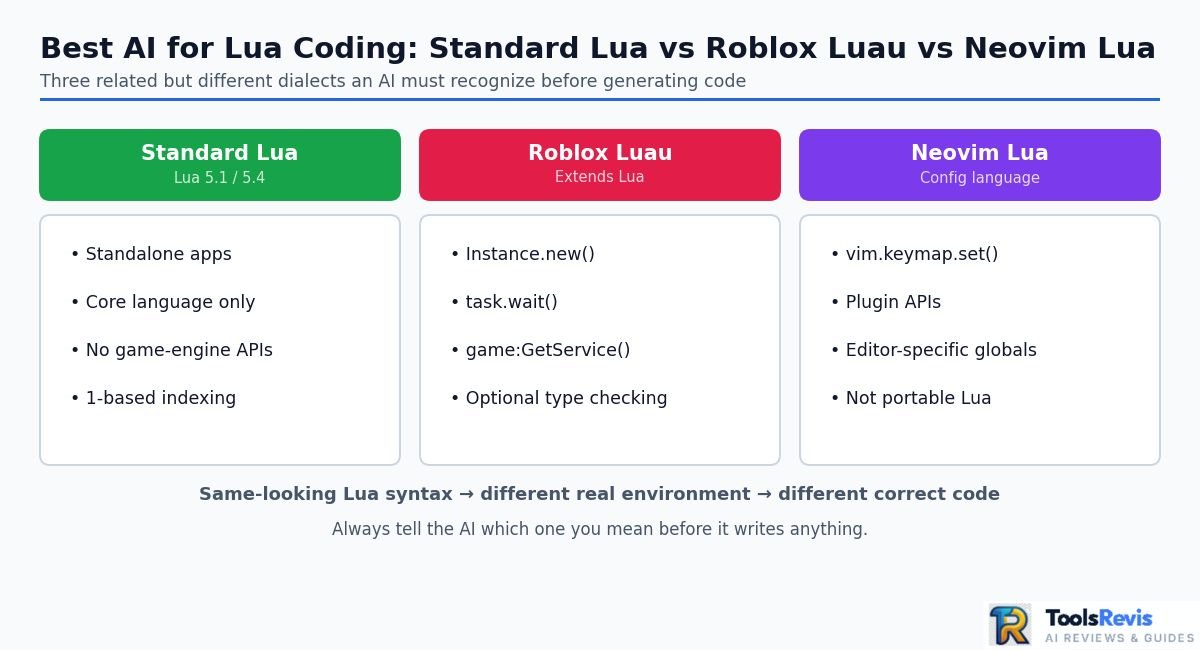 Best AI for Lua Coding comparison of standard Lua, Roblox Luau, and Neovim Lua